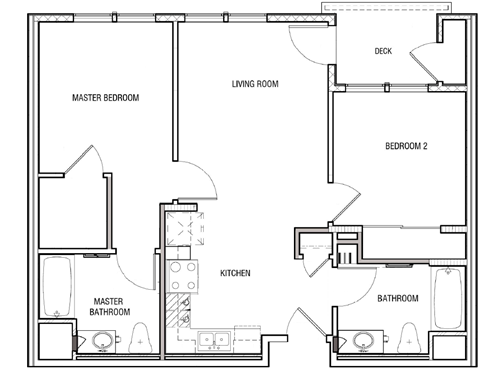 Floor plan for 2 beds, 2 baths, 901 sqft